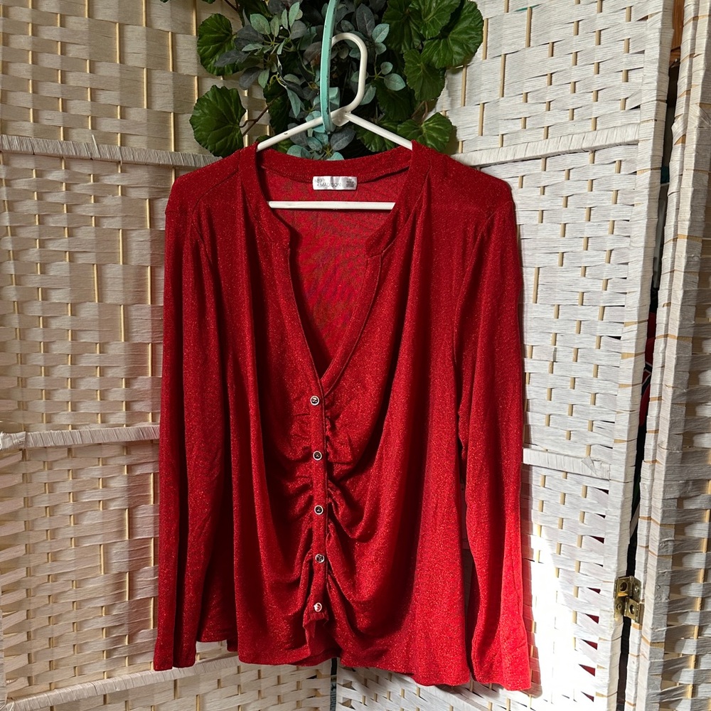 Red Button-Up Long Sleeve Top